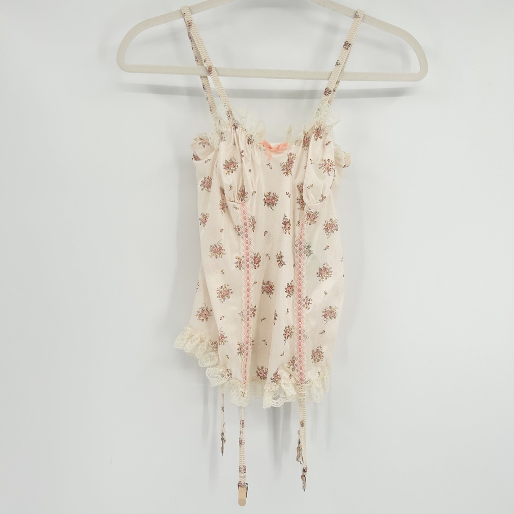 Nan Flower Coquette Vintage 90s Floral Lace Trim Garter Lingerie Cami Top Size S